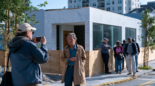 Local resident photographing demolished corner barbershop building where new luxury wellness studio now stands, original tiled entrance still visible beneath construction hoarding, longtime customer