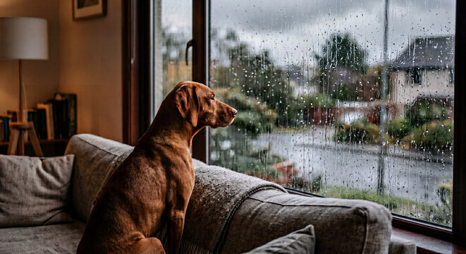 Dog watching rain through window from living room sofa