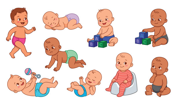 Cute infants and happy babies in daily routine vector character illustration set. Sleeping, crawling, diaper, blocks, rattle, toilet potty train and childhood milestones.