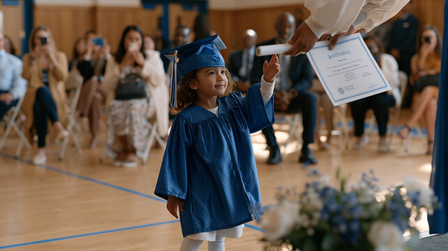Kindergarten girl in tiny graduation cap tilting sideways on her head reaching upward to accept a rolled certificate from a teacher's hands, her shoes barely touching the gymnasium floor while paren