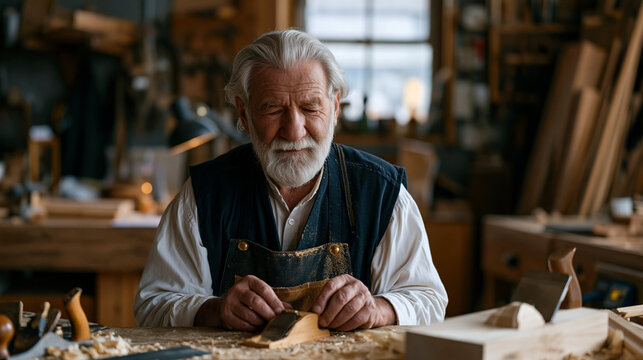 Retired craftsman sitting alone in a cluttered woodworking workshop on Father's Day turning a hand tool slowly in calloused fingers, sawdust settled across his apron and afternoon light falling thro