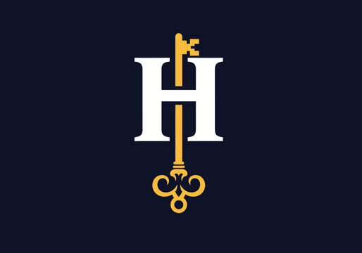 Minimalist letter H logo icon with golden skeleton key