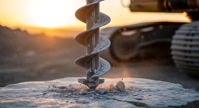 Drilling Machine Digging into Ground at Sunset.