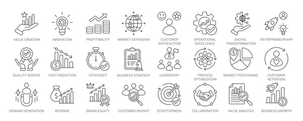 Value creation outline vector icon set featuring innovation, profitability, business growth, customer insight, operational excellence, market positioning, leadership, and strategy concepts. © nuricon