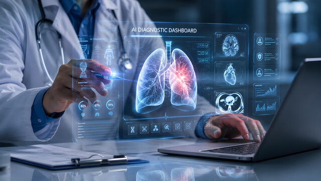 Doctor Reviewing AI Diagnostic Dashboard with Medical Data Analytics and Holographic Healthcare Interface