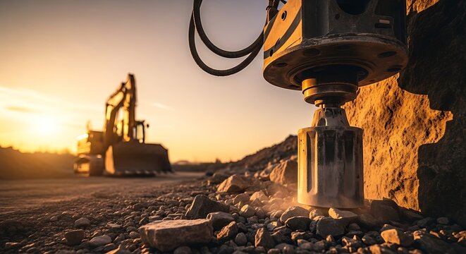 Heavy machinery drilling into rock at a construction site during a golden sunset, with excavators in the background.