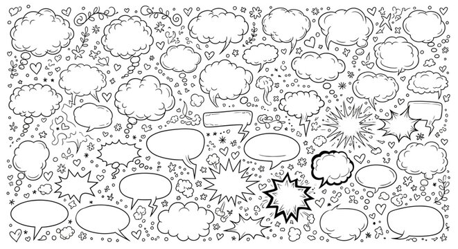 Black and white comic book speech bubbles and thought clouds with hearts stars and other decorative elements