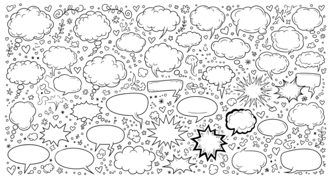 Black and white comic book speech bubbles and thought clouds with hearts stars and other decorative elements