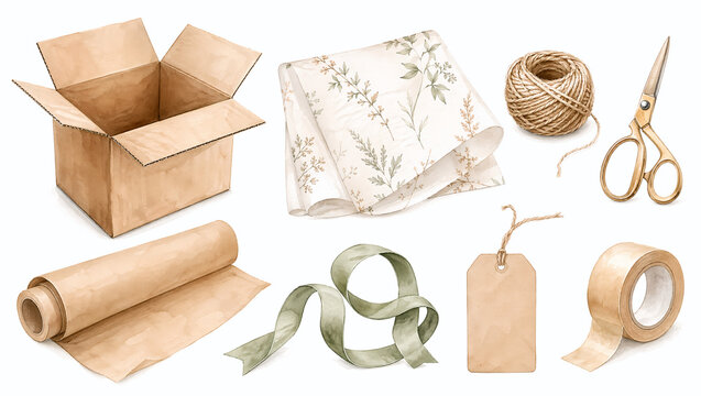 Watercolor gift wrapping clipart set with box, paper, and ribbon. Packing and shipping supplies illustration isolated on white background