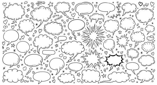 Black and white illustration of various comic book style speech bubbles and thought clouds with hearts and stars