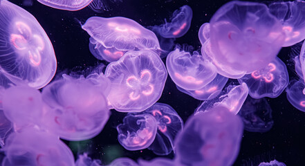 Group of glowing purple moon jellyfish swimming underwater in dark aquarium © Minakryn Ruslan 