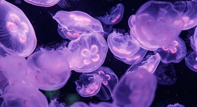 Group of glowing purple moon jellyfish swimming underwater in dark aquarium