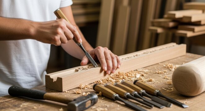 A craftsman uses a chisel and hammer to shape a piece of wood in a workshop