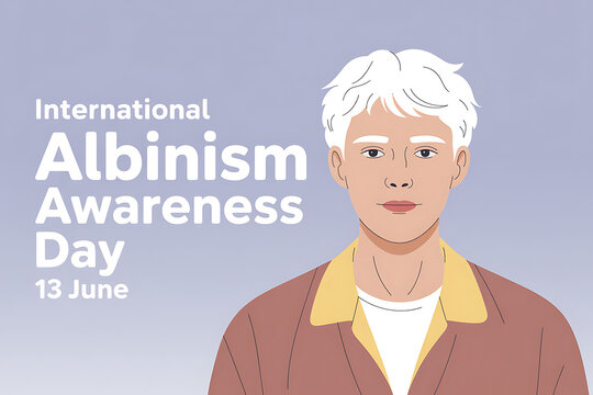 International albinism awareness day illustration with a person and text on purple background