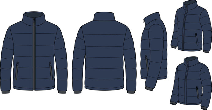 Modern navy blue puffer jacket vector illustration technical sketch template showing front back side perspective views for apparel fashion outerwear casual winter clothing design