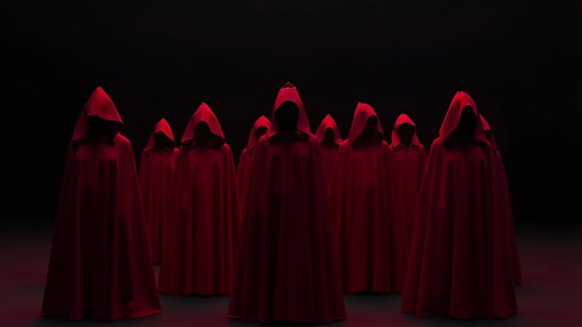 Mysterious group of figures in red cloaks standing in a dark environment. Symbolizes secrecy, ritual, and the unknown in a dramatic setting