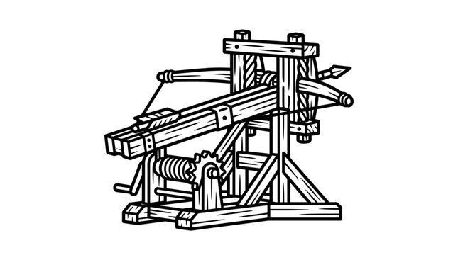Ancient wooden siege weapon catapult drawing.