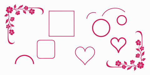 Decorative floral corner ornaments square and heart shapes elegant pink design elements for wedding invitations and romantic greetings © Sadhin07