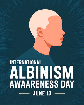 International albinism awareness day poster with person with albinism on dark blue background