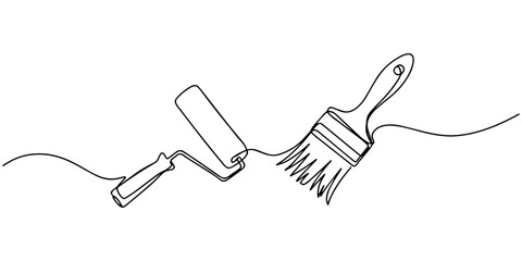 Obraz premium paintbrush continuous one line drawing, paintbrush continuous one line drawing, Continuous one line drawing of brush with paint. Construction and repair. Paint brush outline drawing illustration. one