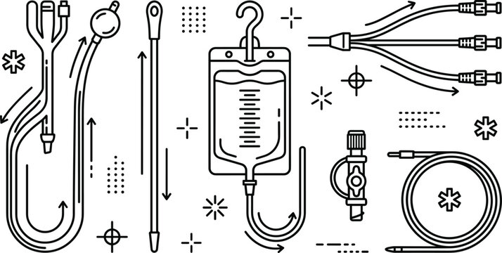 Urology catheter and IV drip bag line icon set with medical equipment vector illustration on white background