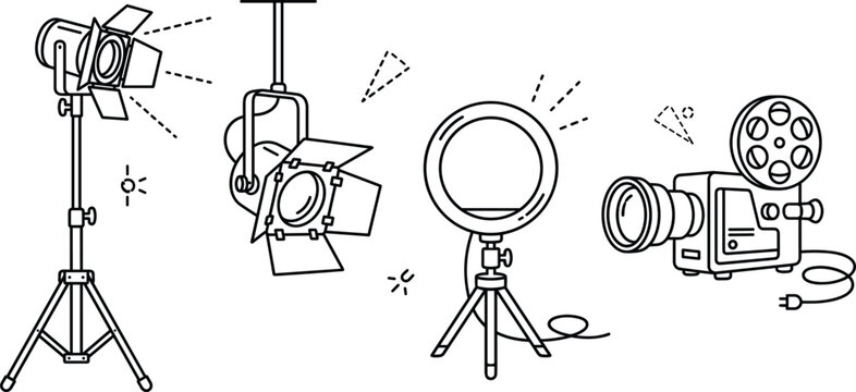 Video production studio lighting equipment vector line icons set with spotlights ring light and projector