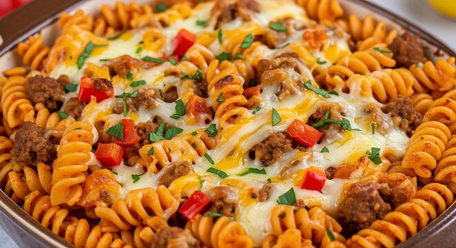 Cheesy rotini pasta bake with ground meat and red peppers