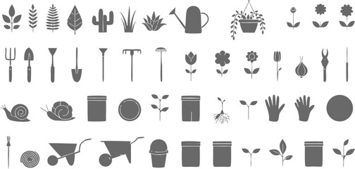 Set of grey garden and tools icons on transparent background including plants flowers watering can wheelbarrow and gloves © Sadhin07