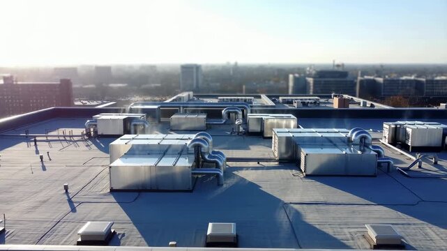 Aerial view of industrial rooftop with HVAC systems and ventilation units. Essential infrastructure for climate control and energy efficiency in commercial buildings