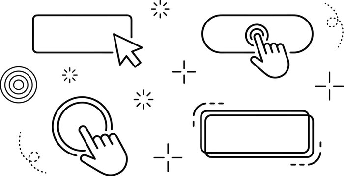 Website button click cursor arrow and hand touch gesture line art vector illustration collection with sparkle elements