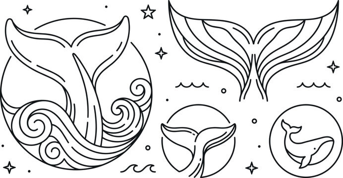 Whale tail and ocean wave line icon set with marine mammal flukes stars and round sea emblems