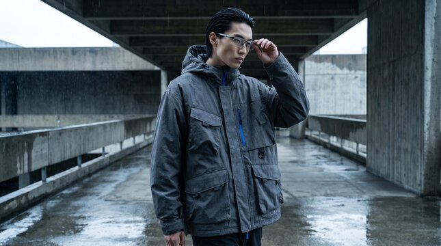 Man in stylish grey jacket and glasses in rainy urban environment
