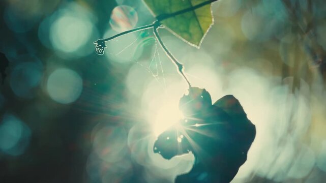 Close up of a spiderweb strung between leaves