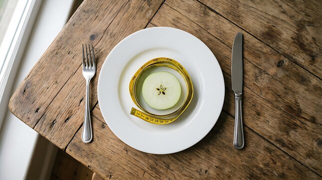 A slice of green apple surrounded by a yellow measuring tape on a white plate