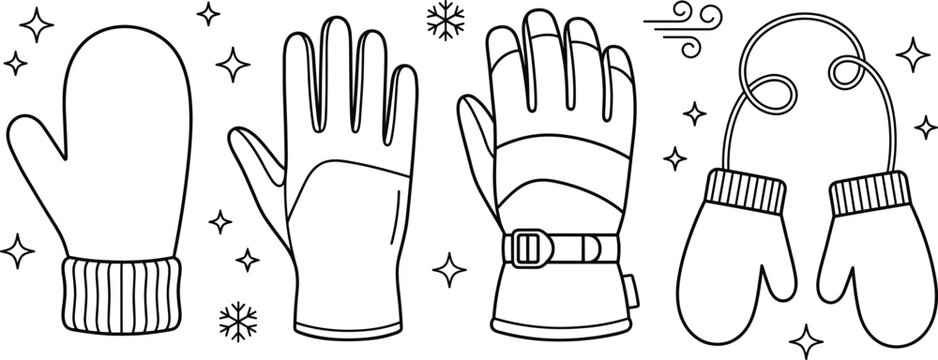 Winter gloves and mittens line icon set with warm ski gloves snowflake stars and string elements