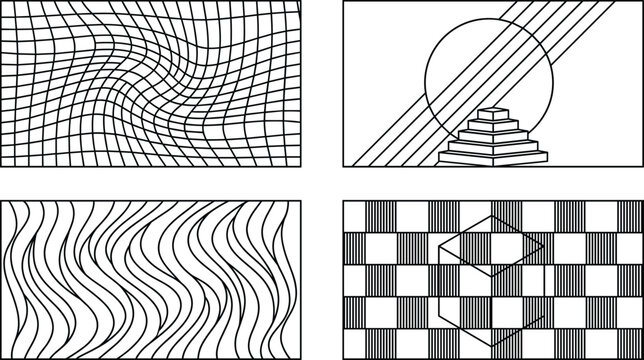 Abstract geometric pattern banner collection with wavy grids op art textures and generative AI banners
