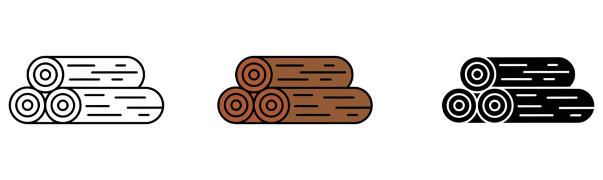 Set of three wood log icons in outline, colored, and solid black styles for design projects.