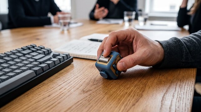 sensory tools, close-up of a colorful stim toy in a hand, resting on an empty desk