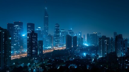 Obraz premium A sophisticated futuristic smart city is illuminated by vibrant digital blue tones at night