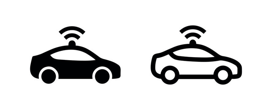 Autonomous car or self-driving car icon. Vehicle with wireless signal waves for smart transportation technology.