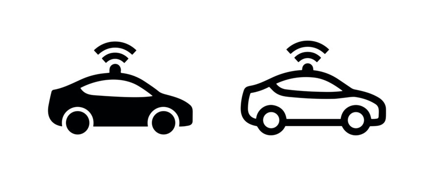 Autonomous car or self-driving car icon. Vehicle with wireless signal waves for smart transportation technology.