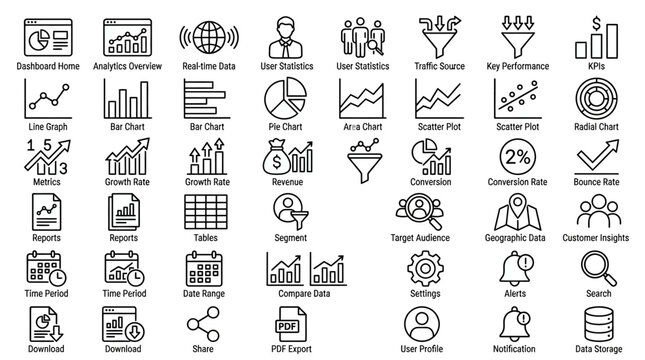 Business Analytics Icons: Data, Finance, Growth, Strategy, Marketing - Vector Set