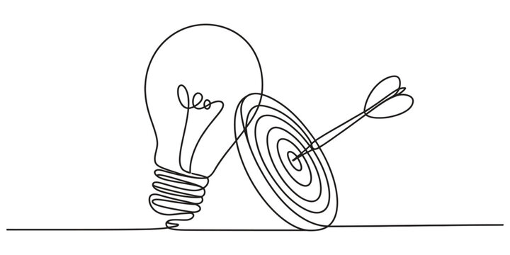 Continuous line drawing of a light bulb and a target with a dart in the center