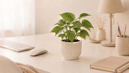 Fototapeta premium Bright and clean home office workspace with desktop computer and modern decor