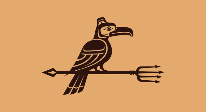 Raven perched on trident in Indigenous Northwest Coast art style