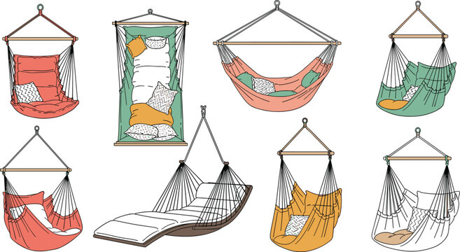 Hanging swing chair and hammock vector illustration set with comfortable cushions pillows for outdoor garden patio backyard furniture design summer relaxation leisure layout