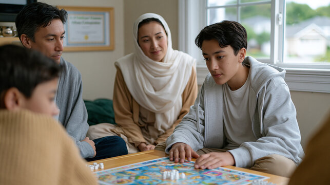 Afghan family playing board game in resettlement agency furnished apartment, host country volunteer seated cross-legged on floor with teenage son explaining game rules, framed ESL class completion c