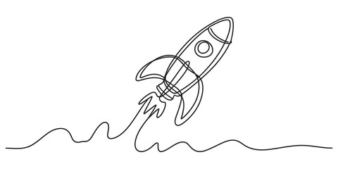 Continuous single line drawing of a flying space rocket ship launching upward © Shuvo Mohonto