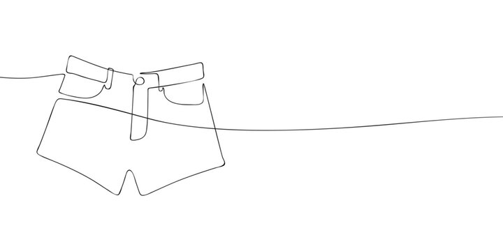 Denim shorts with front pockets, belt loops, button closure and zipper fly in continuous one line style. Minimal outline fashion illustration isolated on a light background.