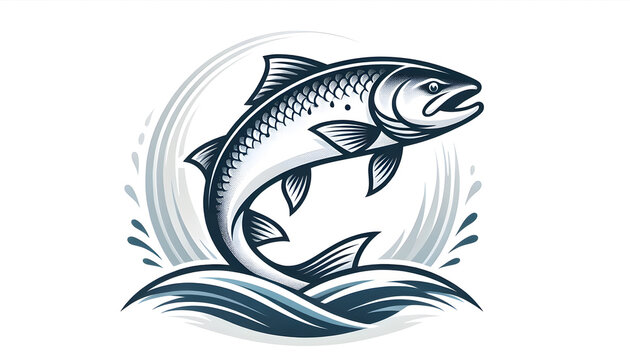 Dynamic jumping salmon logo vector featuring bold lines and aquatic motion. Ideal for fishing brands, outdoor businesses, sports clubs, seafood marketing, and apparel design.
